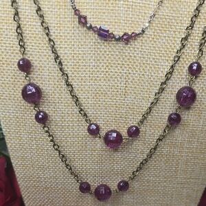 2 Necklace Lot, 1 Multi-Layered Necklace & 1 Single Chain Both w/ Purple  Beads